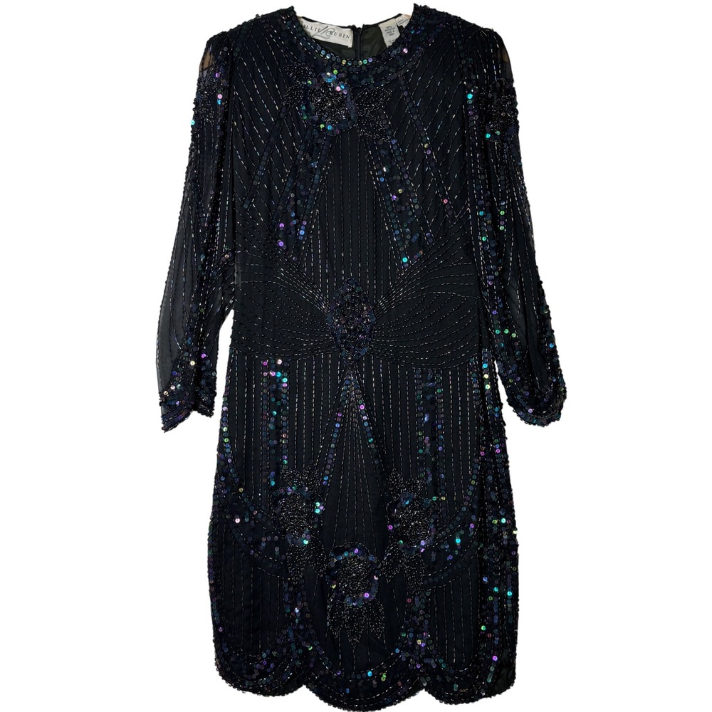 Vtg Lillie Rubin Black Sequin Beaded Cocktail Party‎ Dress Petite Small